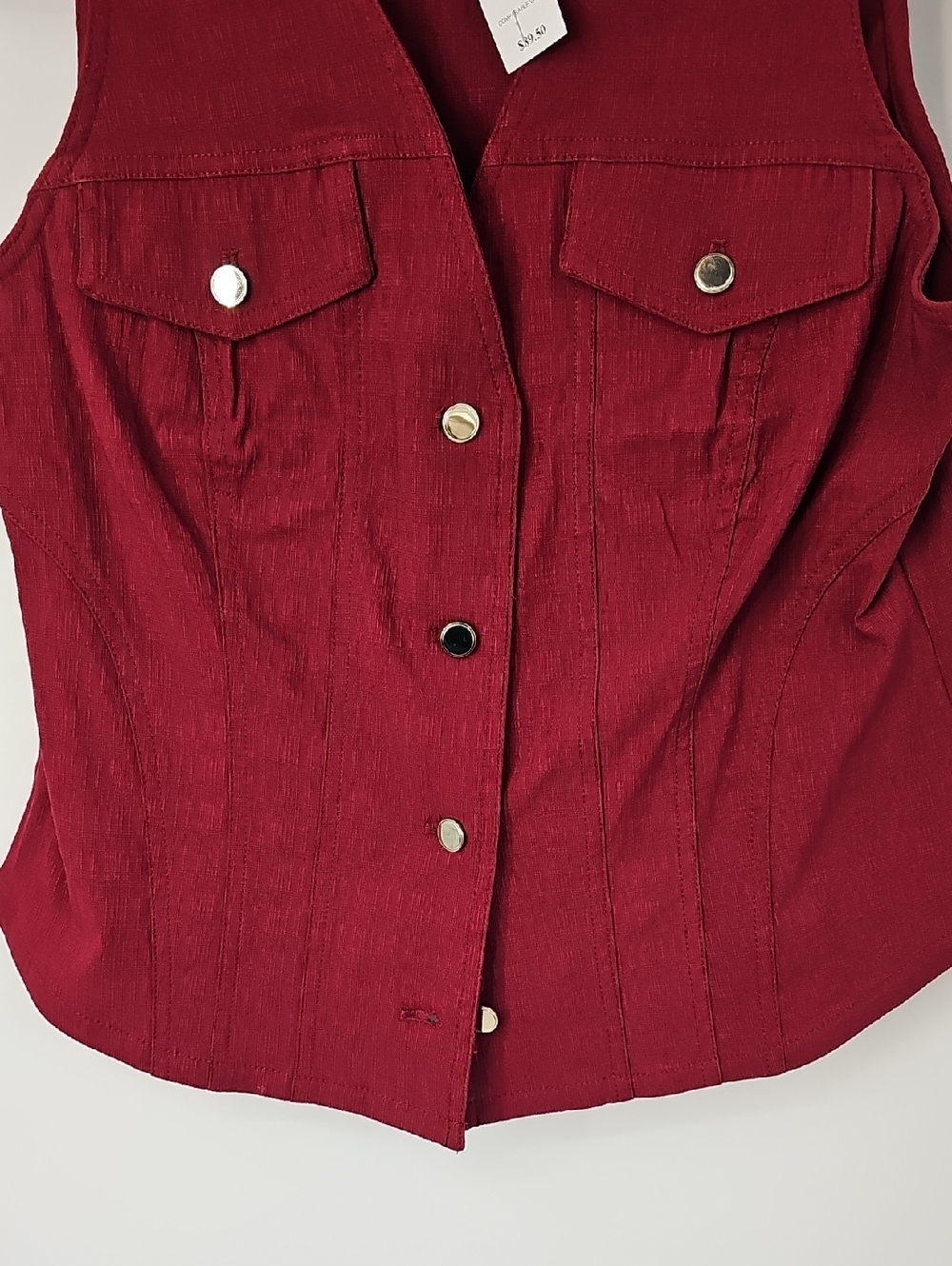 WHBM Outlet Sz:10 Maroon Stretch Vest w Gold Buttons 2 Front Pockets - Picture 5 of 10